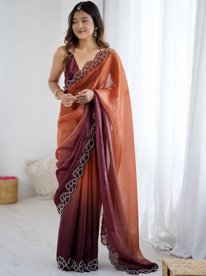 multicolor ombre beads and stones satin designer saree