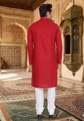 red cotton men's kurta with white churidar pajama 2