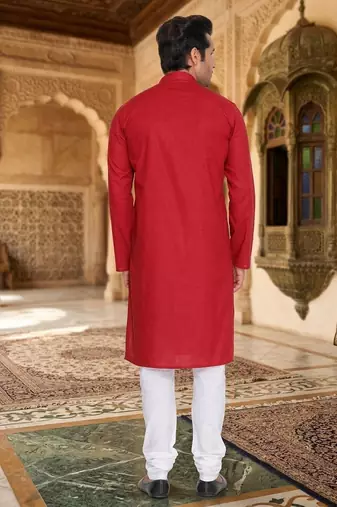 Elegant red cotton men's kurta with white churidar pajama