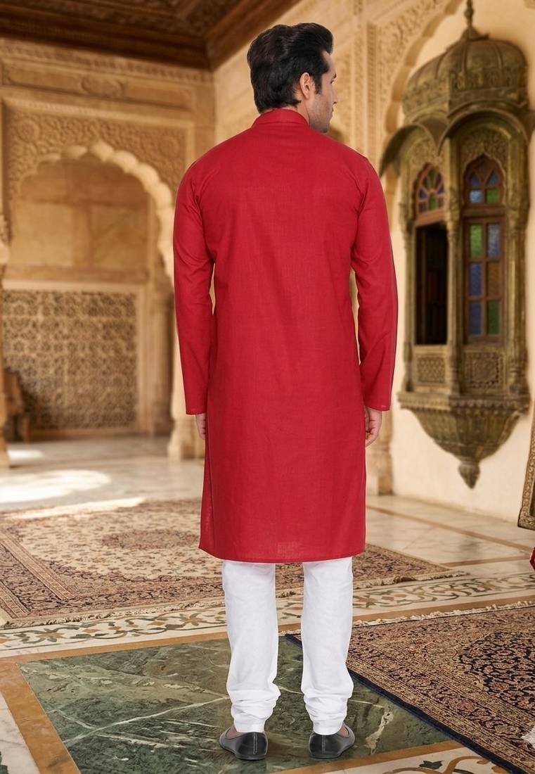 red cotton men's kurta with white churidar pajama
