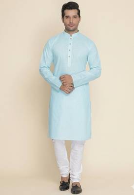 light blue cotton men's kurta with white churidar pajama 1