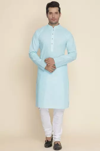 light blue cotton men's kurta with white churidar pajama