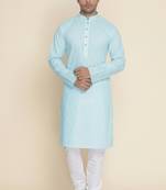 light blue cotton men's kurta with white churidar pajama