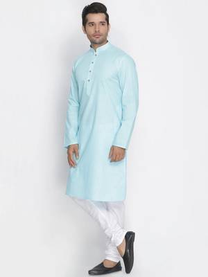 light blue cotton men's kurta with white churidar pajama 2
