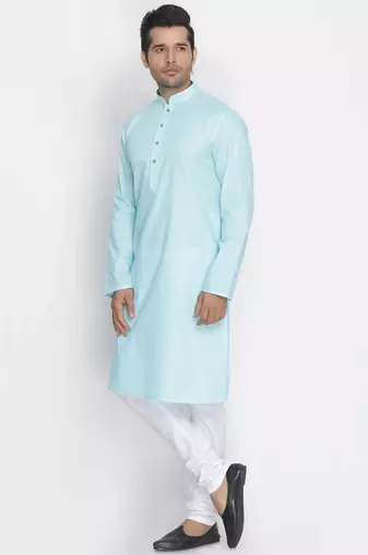 light blue cotton men's kurta with white churidar pajama