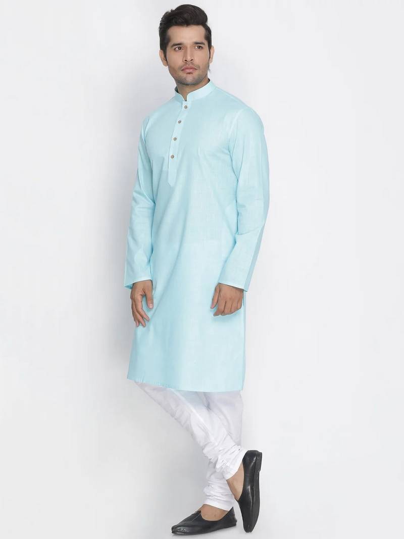 light blue cotton men's kurta with white churidar pajama