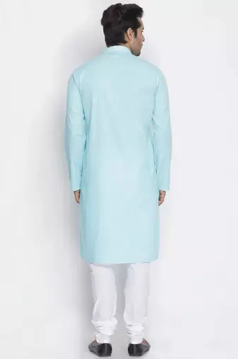 light blue cotton men's kurta with white churidar pajama