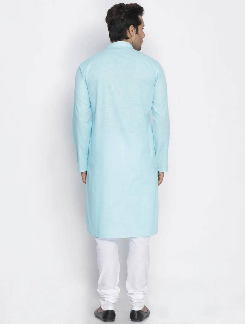 light blue cotton men's kurta with white churidar pajama