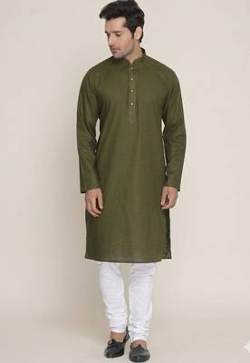 green cotton men's kurta with white churidar pajama 1