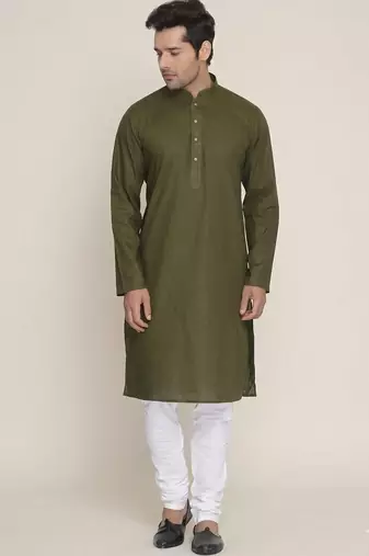 green cotton men's kurta with white churidar pajama