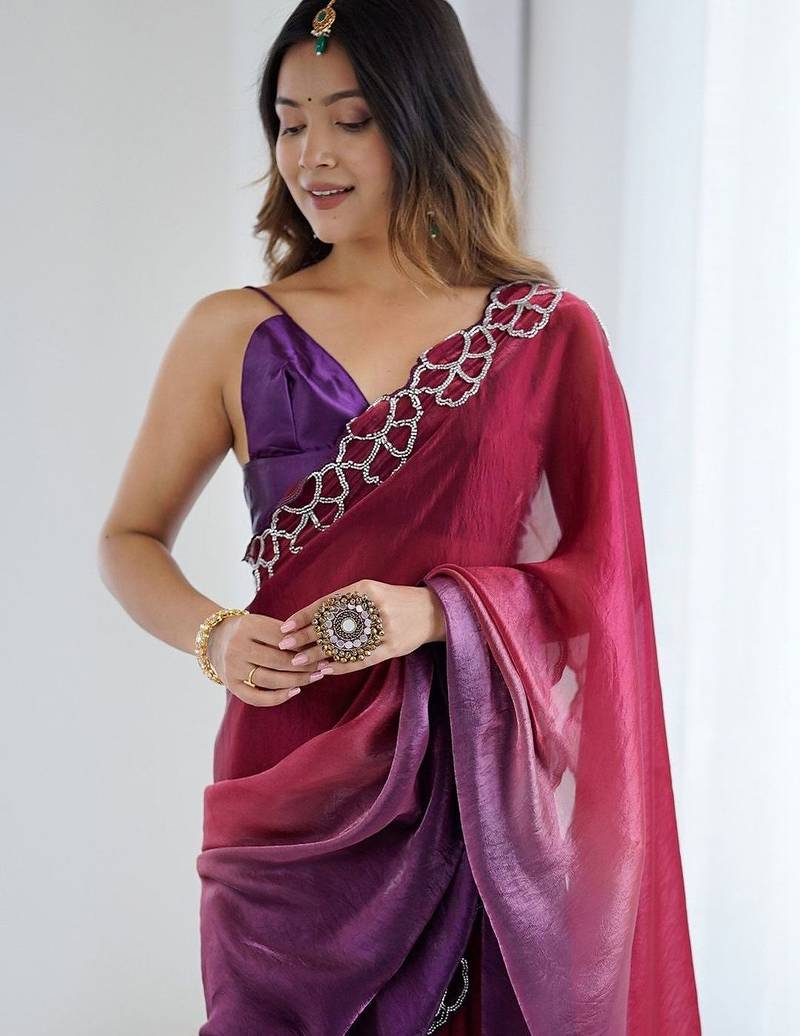 multicolor ombre beads and stones satin saree