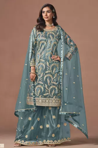 Blue net semi stitched suit with embroidery work