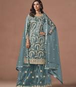 Blue net semi stitched suit with embroidery work