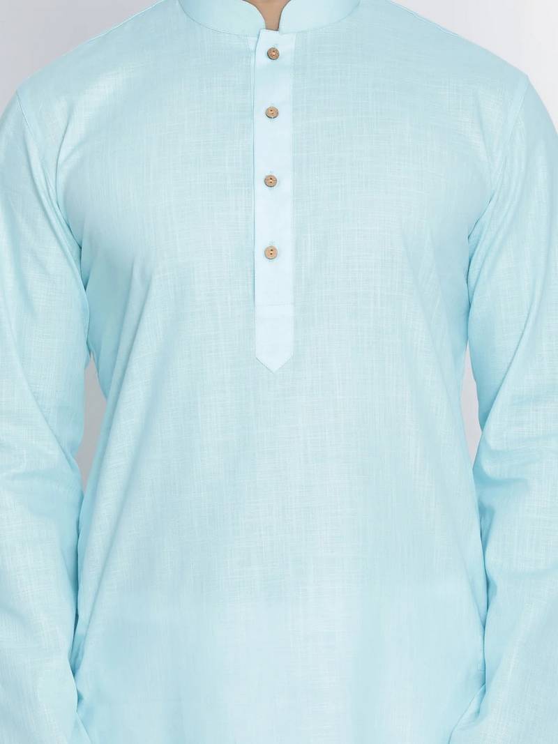 light blue cotton men's kurta with white churidar pajama