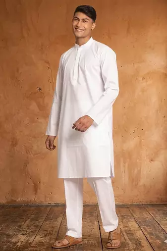 white cotton men's kurta with white pants
