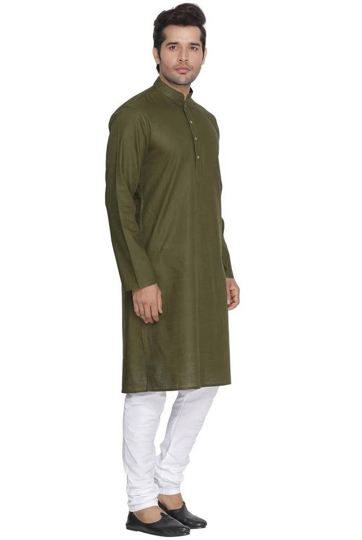 green cotton men's kurta with white churidar pajama