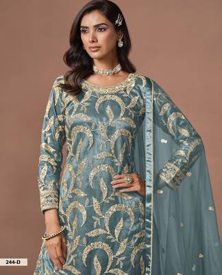 Blue net semi stitched suit with embroidery work 2