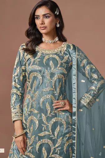 Blue net semi stitched suit with embroidery work