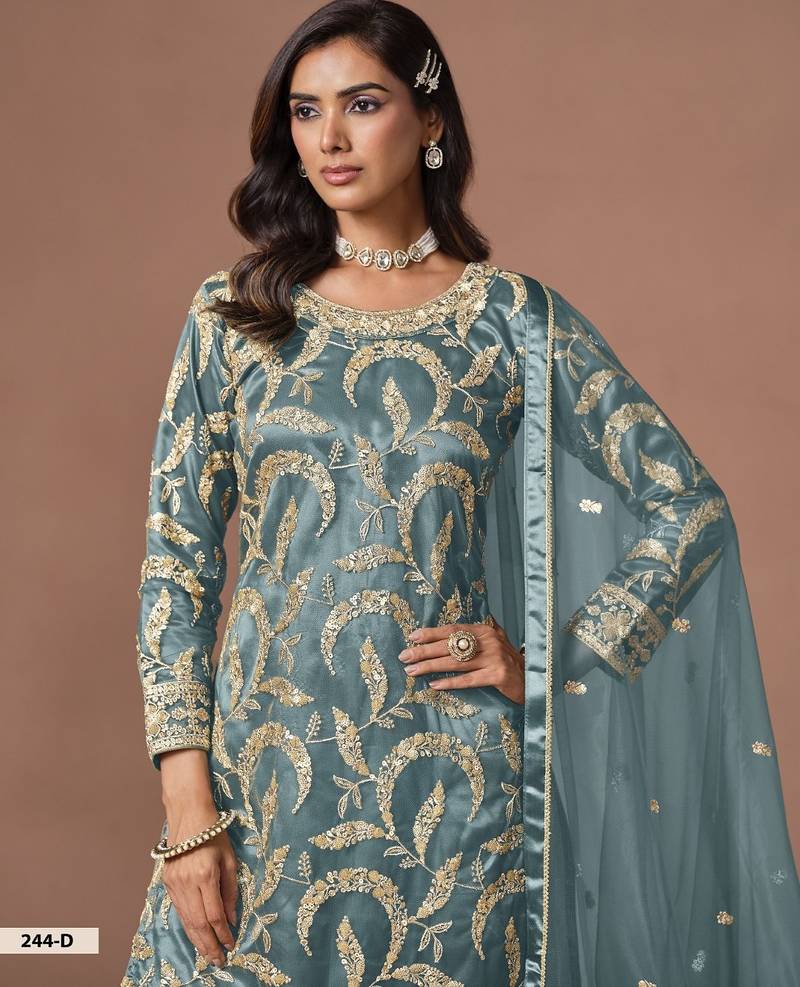 Blue net semi stitched suit with embroidery work