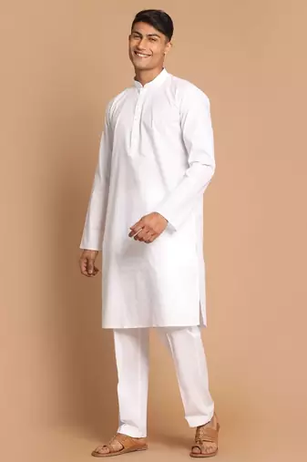 white cotton men's kurta with white pants