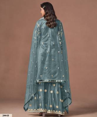 Blue net semi stitched suit with embroidery work 3