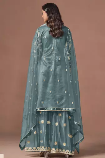 Blue net semi stitched suit with embroidery work