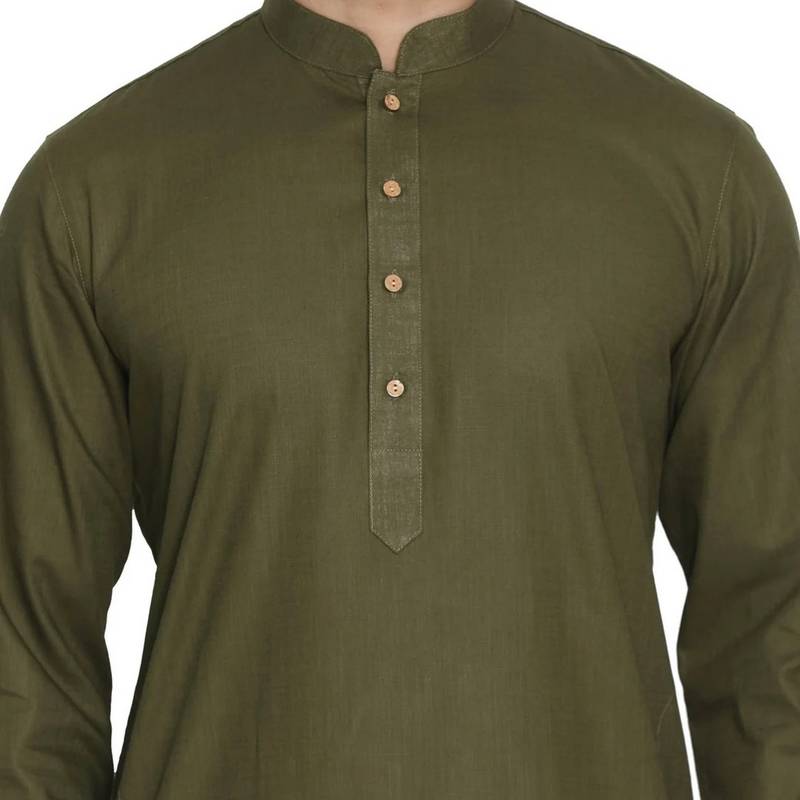 green cotton men's kurta with white churidar pajama