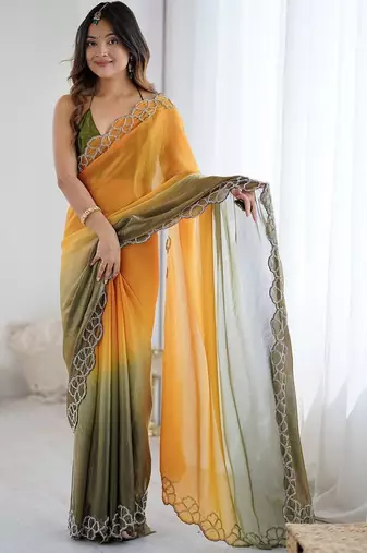multicolor ombre embroidered satin saree