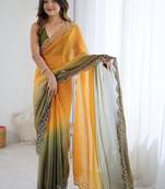 multicolor ombre embroidered satin saree