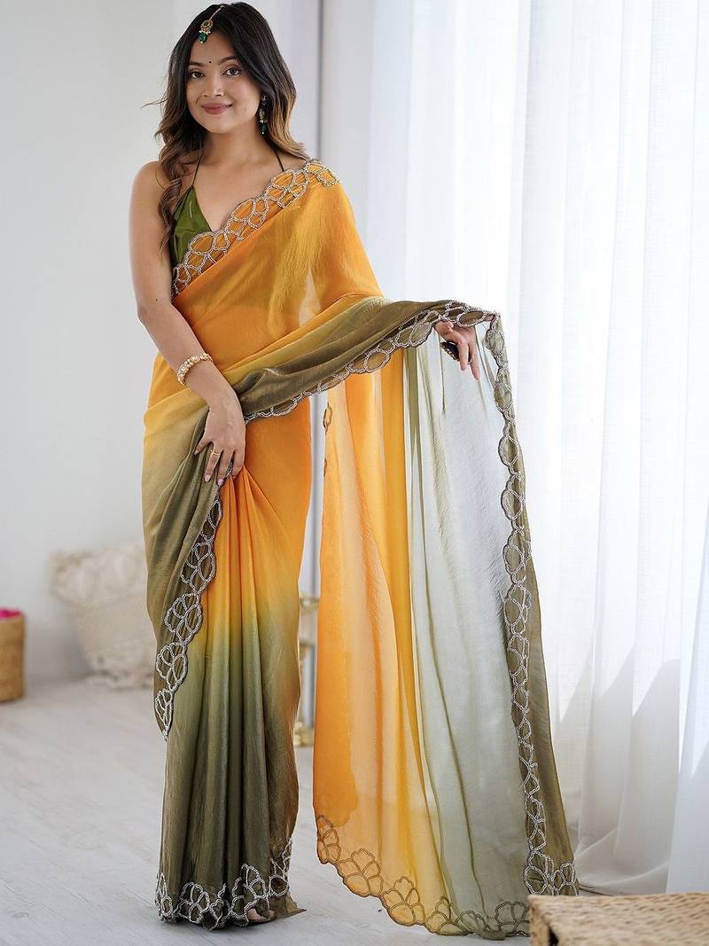 multicolor ombre embroidered satin saree