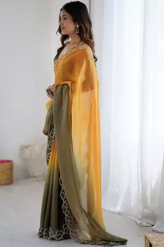 multicolor ombre embroidered satin saree