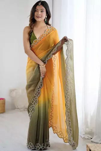 multicolor ombre embroidered satin saree