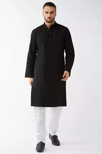black cotton men's kurta with white churidar pajama