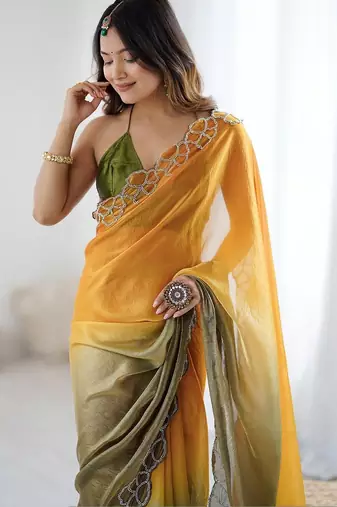 multicolor ombre embroidered satin saree