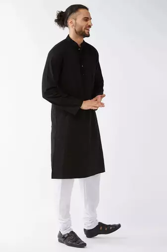black cotton men's kurta with white churidar pajama