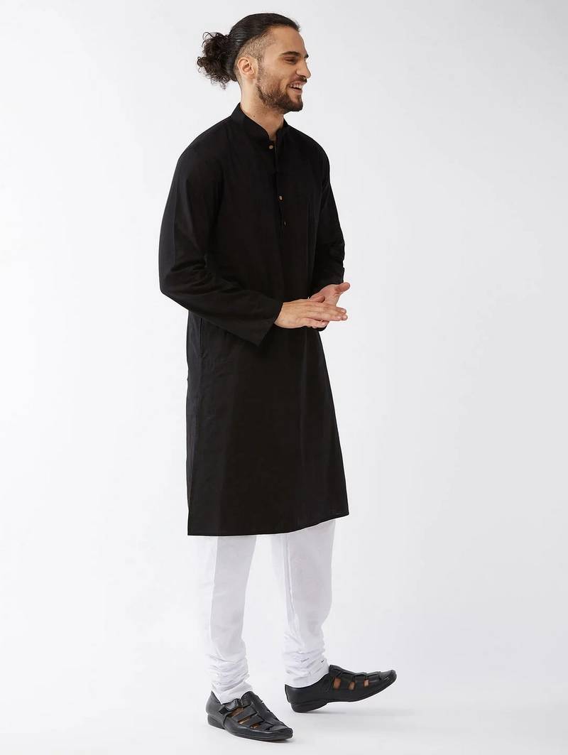 black cotton men's kurta with white churidar pajama
