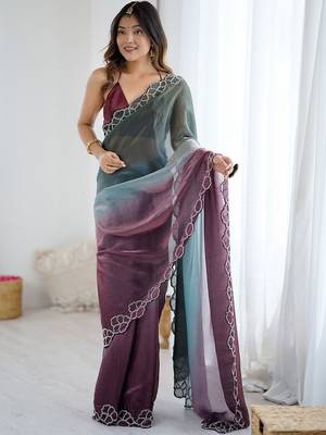multicolor embellished ombre beads & stones zari satin saree 1