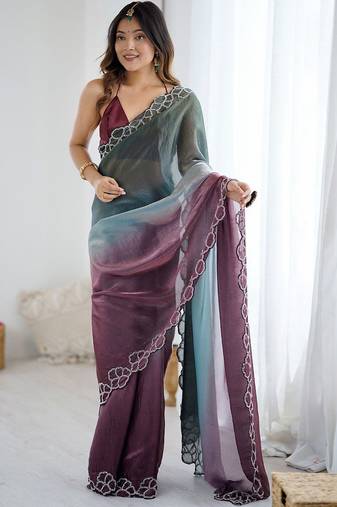 multicolor embellished ombre beads & stones zari satin saree