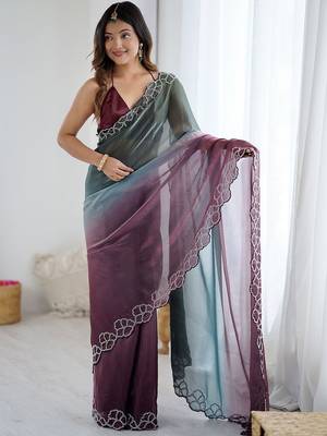 multicolor embellished ombre beads & stones zari satin saree 3