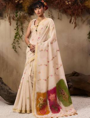 cream floral embroidered muga cotton saree with unstitched blouse 1
