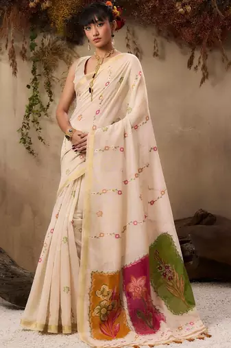 cream floral embroidered muga cotton saree with unstitched blouse