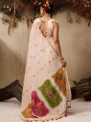cream floral embroidered muga cotton saree with unstitched blouse 3