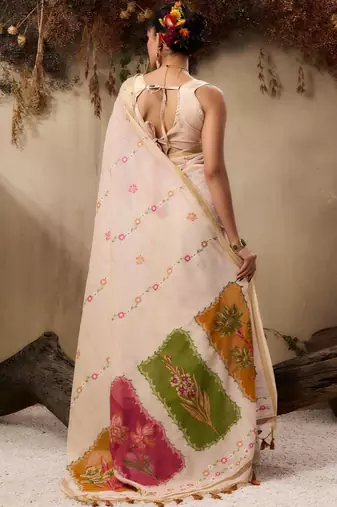 cream floral embroidered muga cotton saree with unstitched blouse