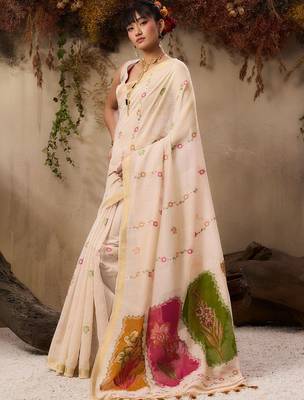 cream floral embroidered muga cotton saree with unstitched blouse 4