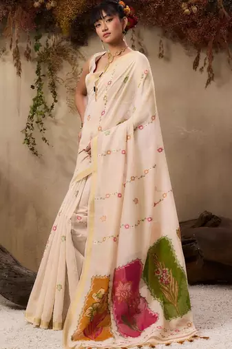 cream floral embroidered muga cotton saree with unstitched blouse