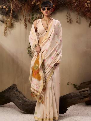 cream floral embroidered muga cotton saree with unstitched blouse 5