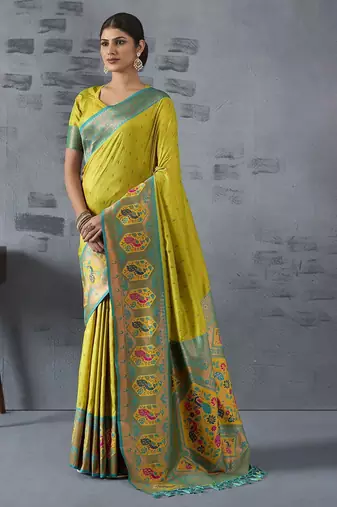 lime woven design zari paithani saree