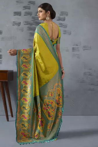 lime woven design zari paithani saree