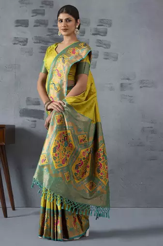 lime woven design zari paithani saree