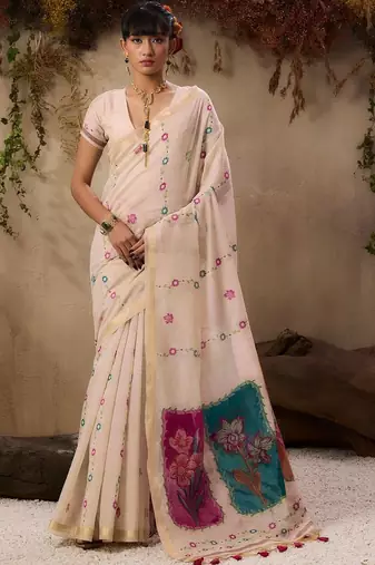 off white floral embroidered muga cotton saree with unstitched blouse